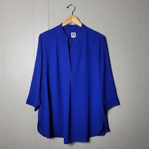 ANNE KLEIN ROYAL BLUE PLEATED FRONT V NECK TUNIC BLOUSE 3/4 SLEEVE WOMENS LARGE